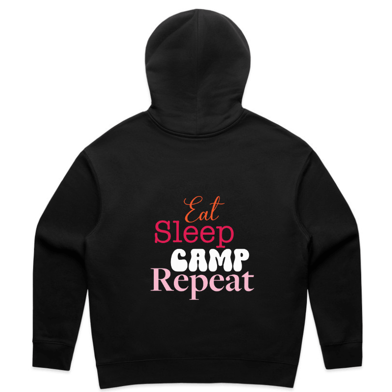 Eat Sleep Camp Repeat Hoodie – women's camping hoodie in black by Mums Who Caravan and Camp