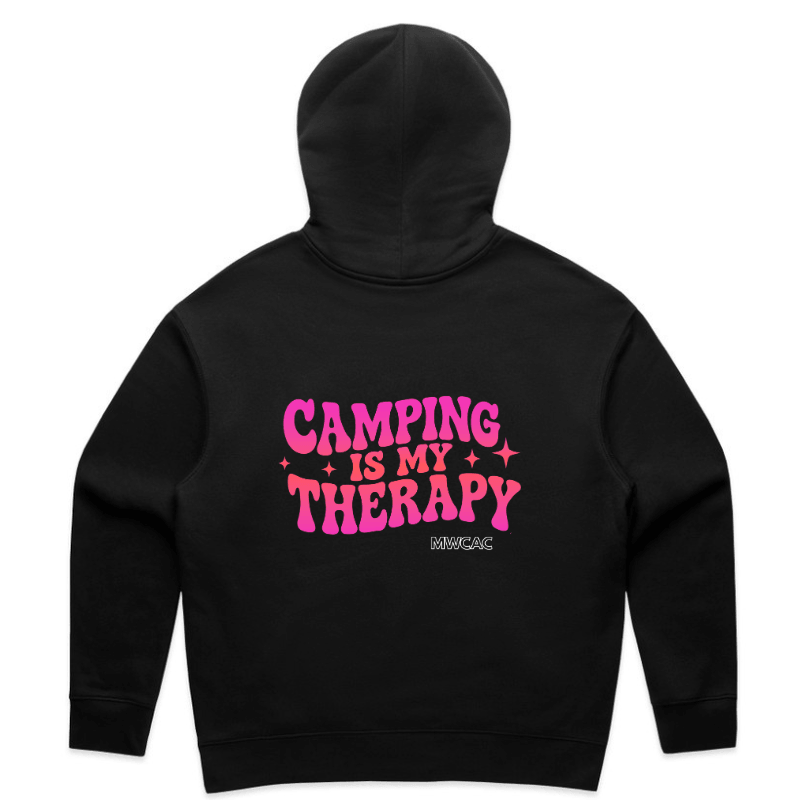 Camping is My Therapy Hoodie – women's camp hoodie in black by Mums Who Caravan and Camp