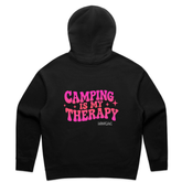 Camping is My Therapy Hoodie – women's camp hoodie in black by Mums Who Caravan and Camp