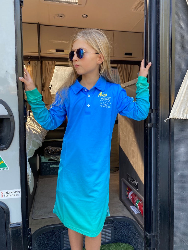 Front view of Kids' Reef Fishing Shirt Dress with UPF50+ long sleeve sun protection