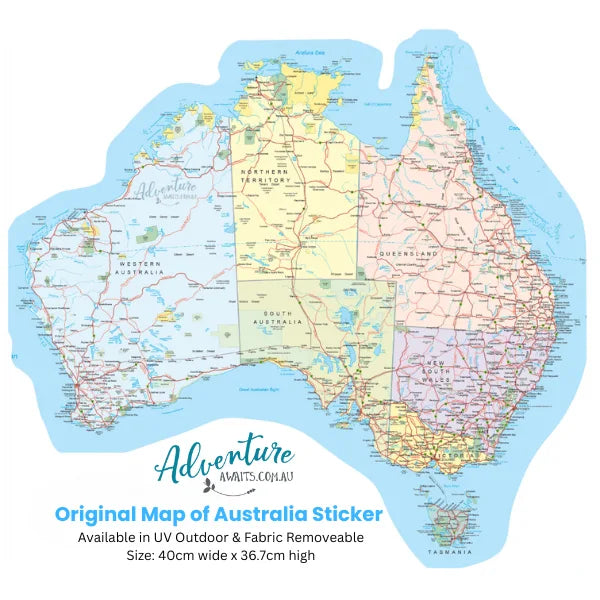 Map of Australia Sticker in the Original rainbow colourway showing towns and National Parks