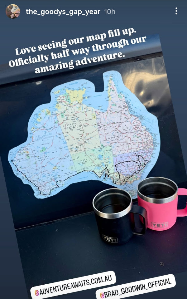 Map of Australia sticker on the drop down picnic table of a caravan