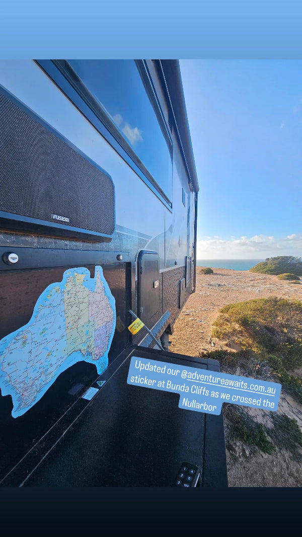 Weatherproof Map of Australia decal on the outside of a camper