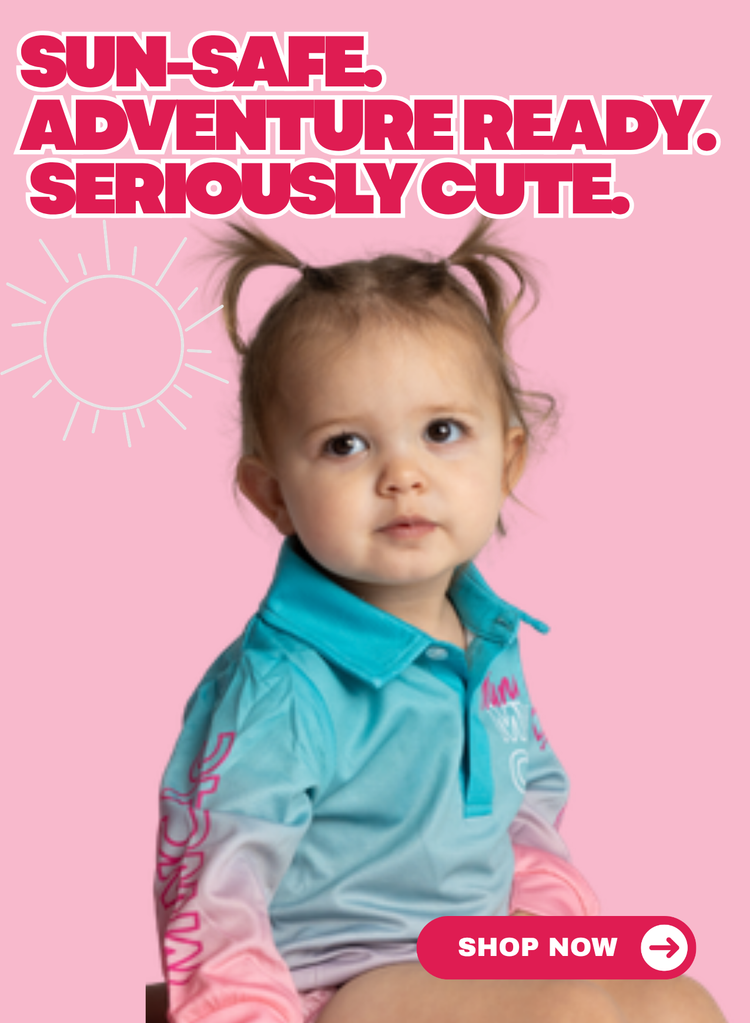 Two toddlers in UPF50+ sun-safe shirts - sun-safe, adventure ready, seriously cute